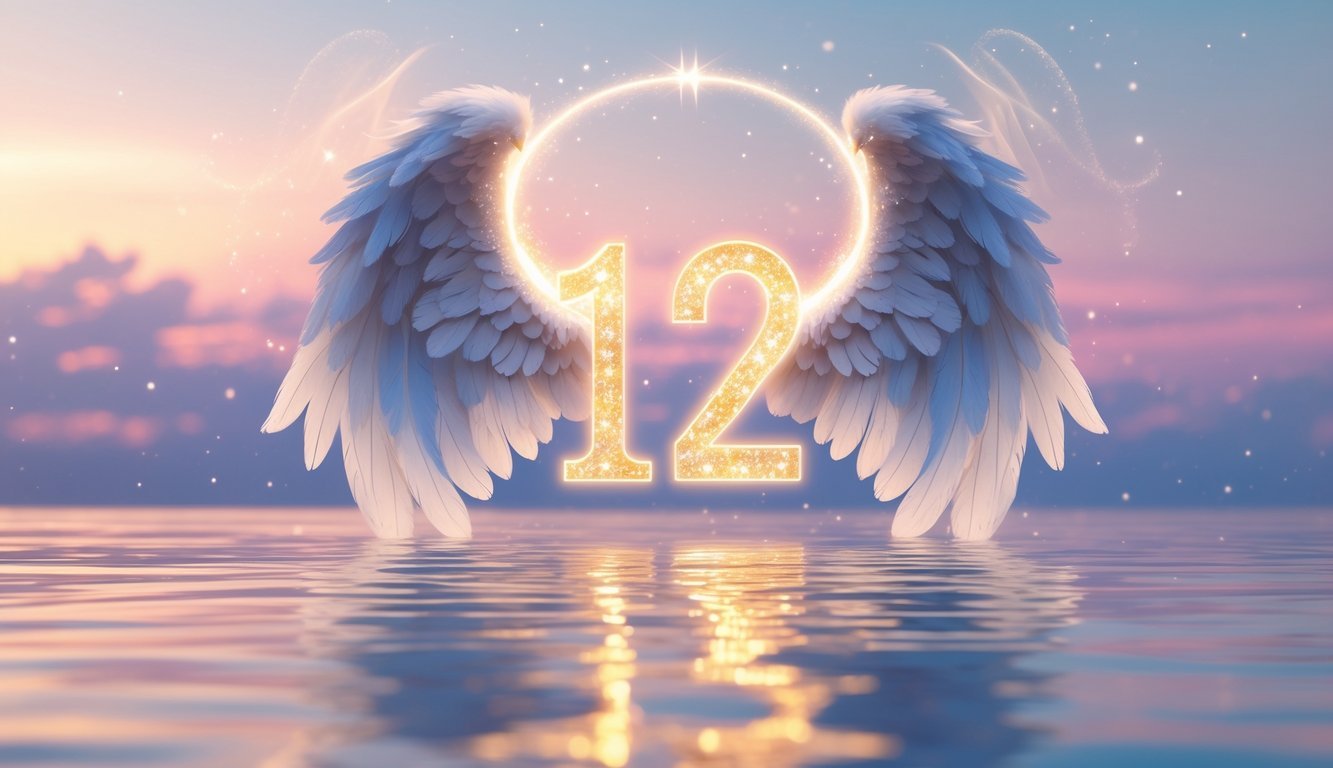 A glowing number 122 made of light beams surrounded by angel wings in a peaceful dawn sky reflected on calm water, with flowers and vines symbolizing balance and harmony.