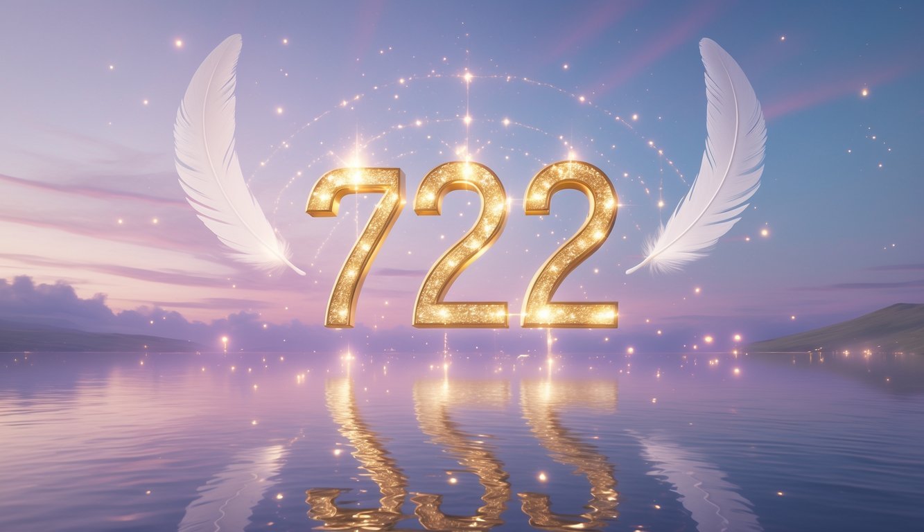 Glowing golden numbers 722 floating above a calm water surface with soft beams of light, white feathers drifting in the air, and a peaceful sky at dawn in the background.