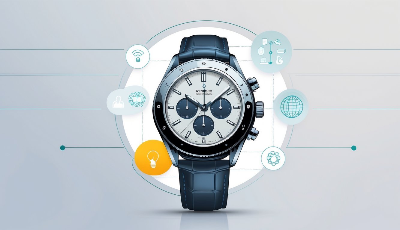 A wristwatch showing six o'clock surrounded by icons representing technology and global connectivity.