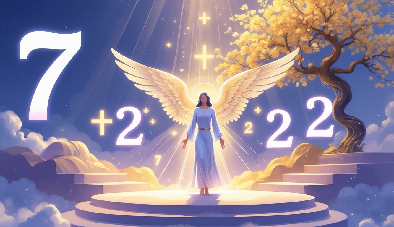 A glowing figure surrounded by floating numbers 7, 2, and 2, with symbols of connection, growth, and progress around them.