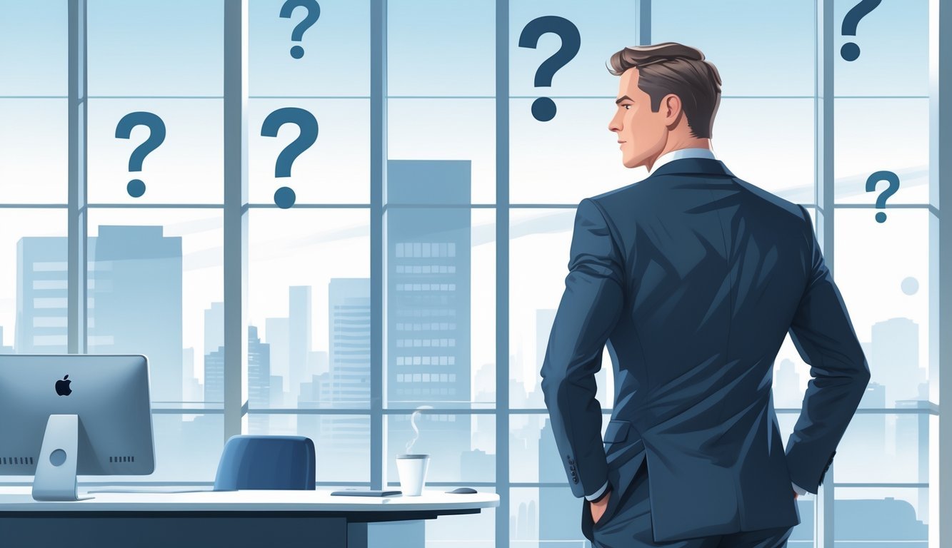 A business professional looking over their shoulder in an office with question mark shapes floating around.