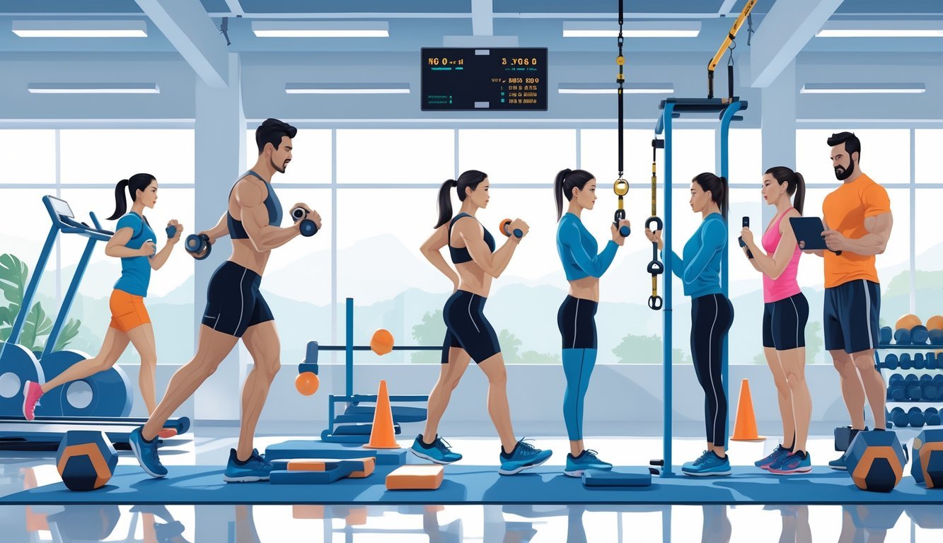 A gym scene showing people performing different fitness tests, including treadmill running, push-ups, flexibility measurement, and body composition analysis, observed by a trainer.