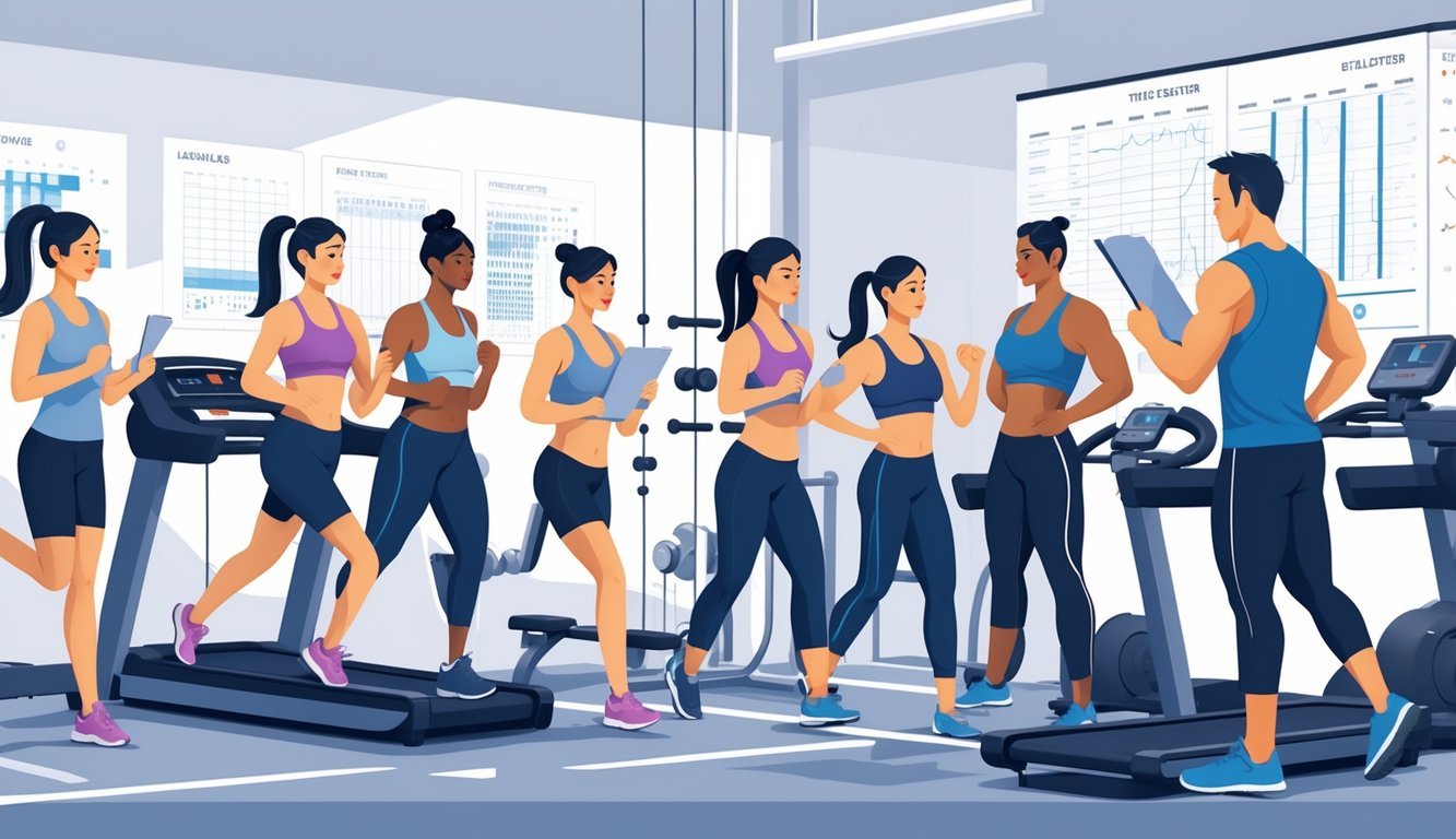 A group of people undergoing fitness tests in a gym with a trainer observing and taking notes.