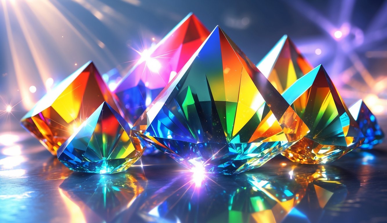 A cluster of colorful, translucent crystals glowing with a spectrum of rainbow colors.