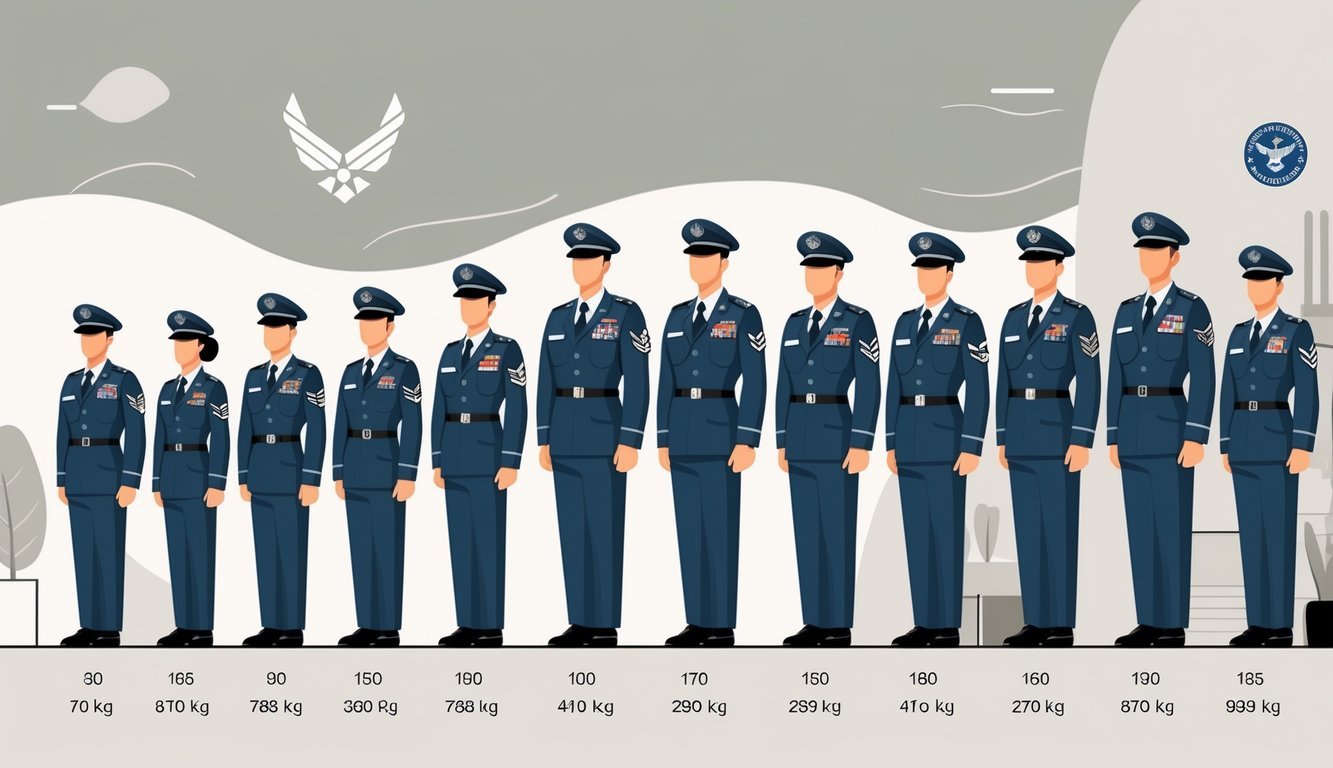 A group of Air Force personnel standing in a row arranged by height, with graphical indicators showing their weight ranges.