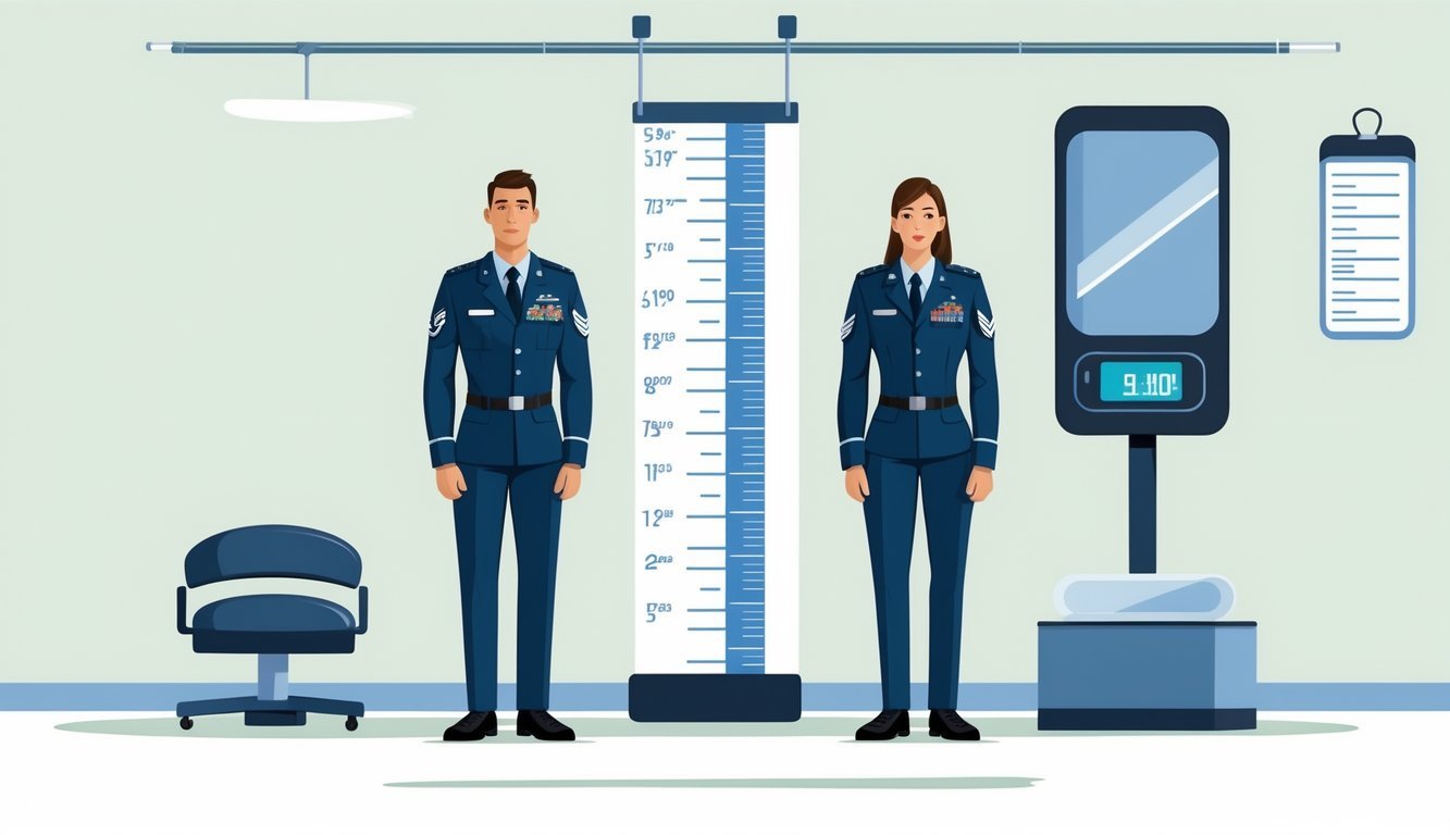 A male and female Air Force personnel stand beside a height chart and a digital scale in a medical assessment room.