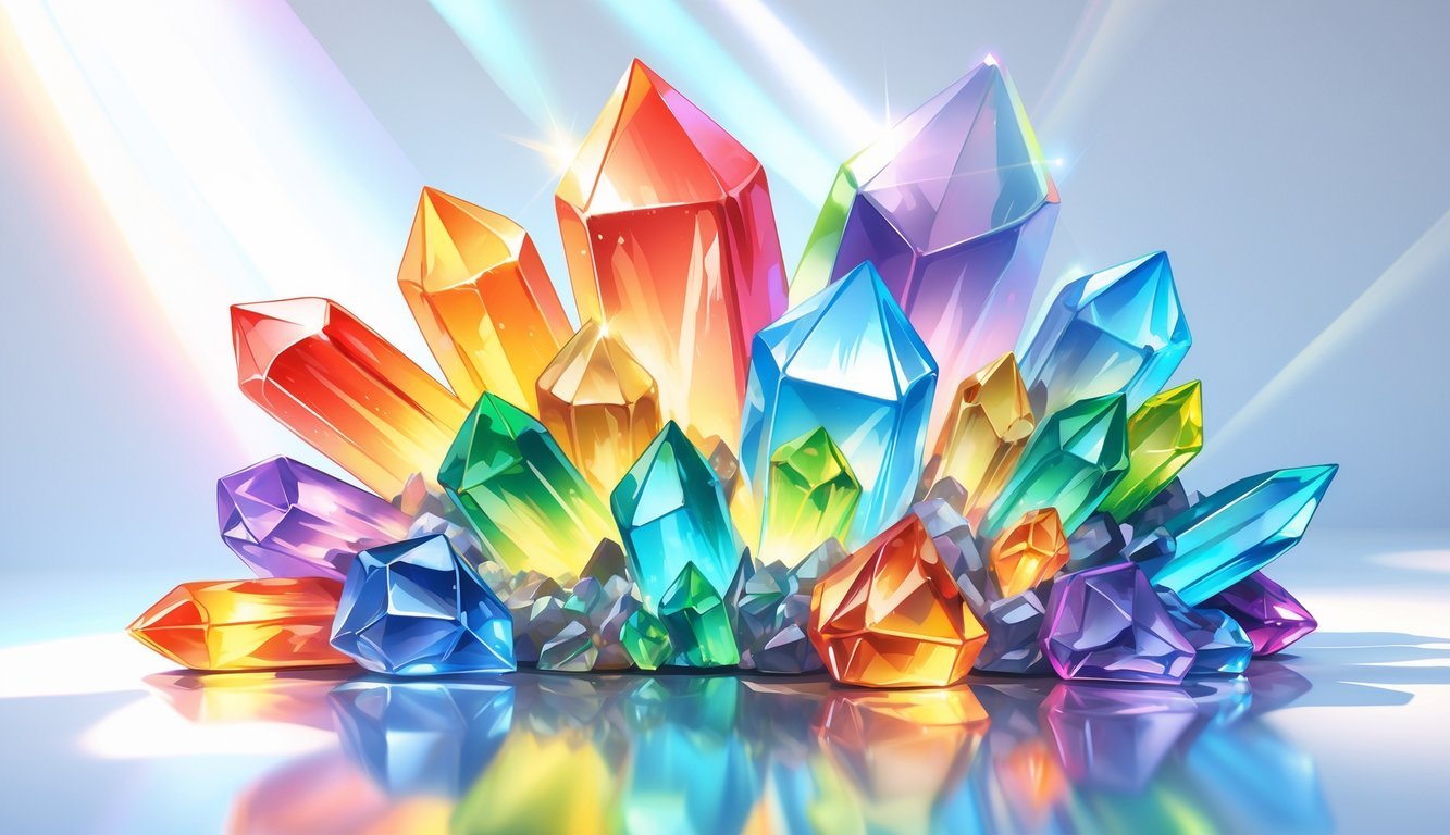 A cluster of colorful rainbow crystals glowing softly against a clean background.