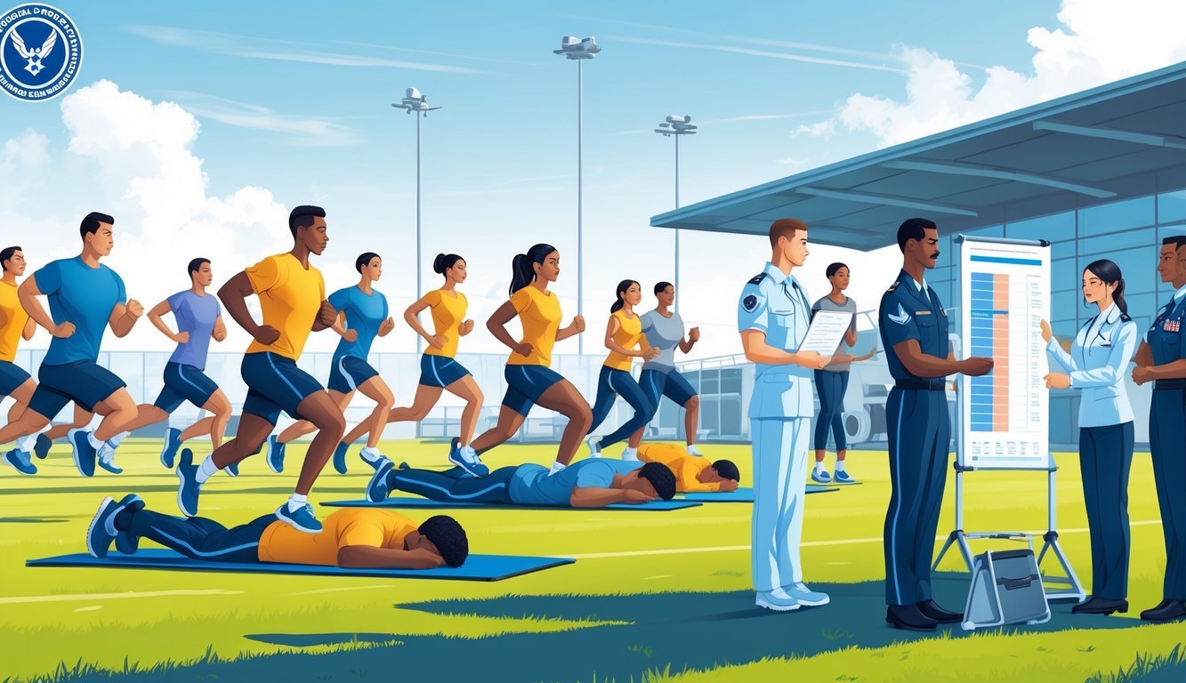 Air Force personnel exercising, having their height and weight measured, and discussing career progression outdoors with military facilities in the background.