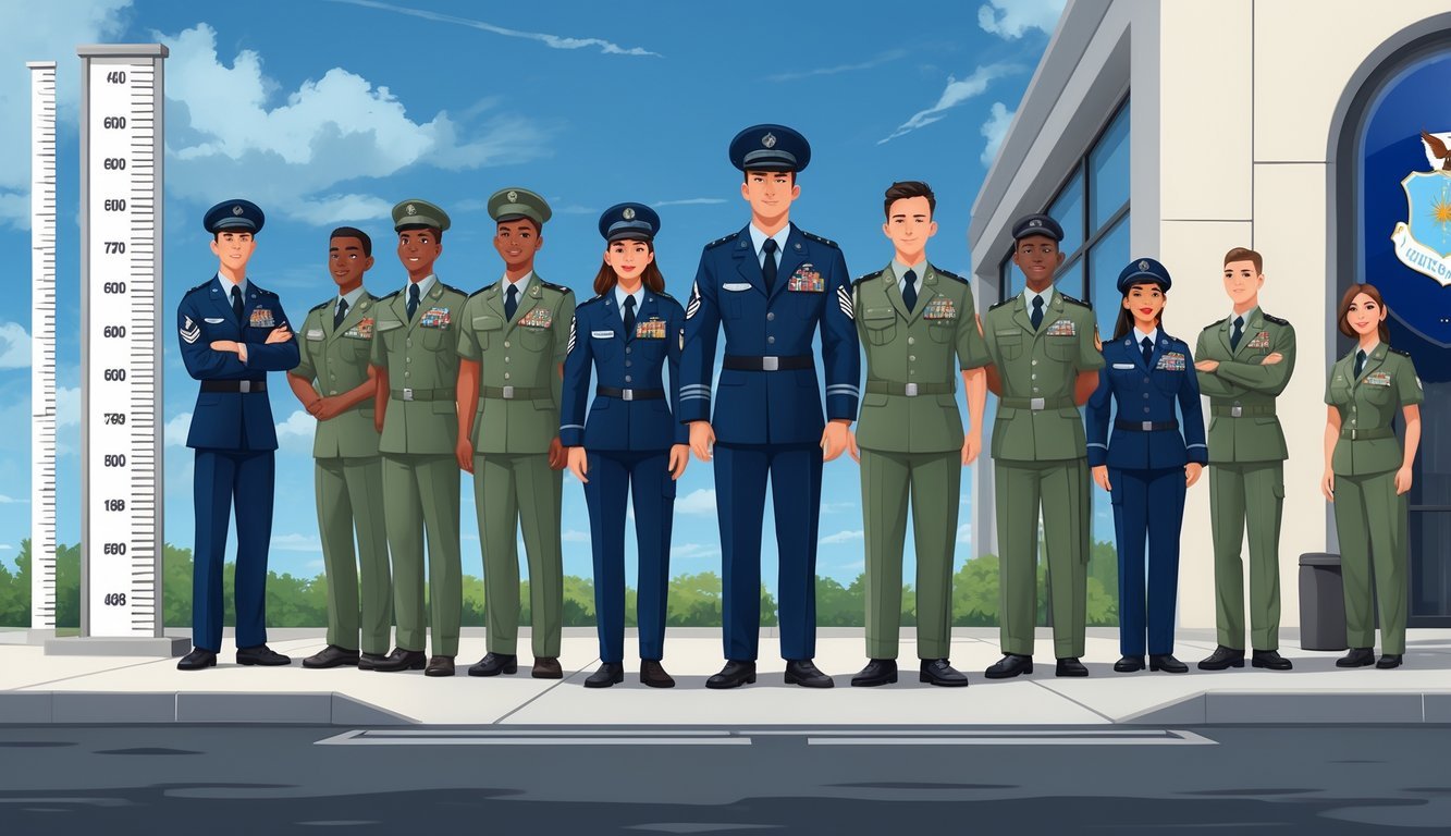 A group of Air Force personnel standing in front of a recruitment office with a height chart and weight scale visible in the background.