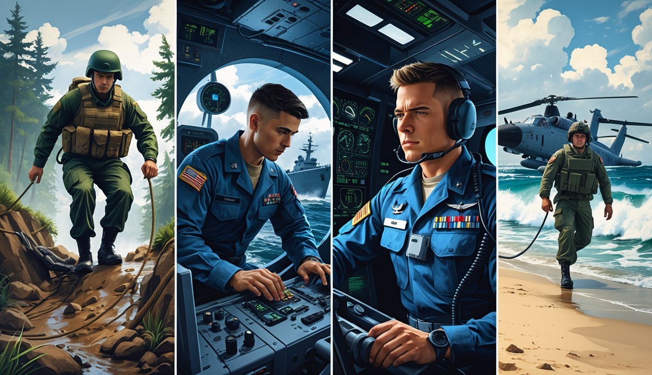 Four military personnel representing Army, Navy, Air Force, and Marine Corps, each performing demanding tasks in their respective environments, showing physical and mental challenges.