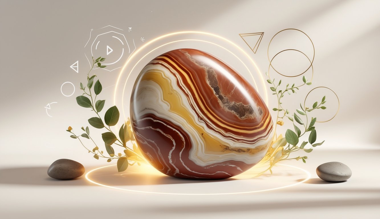 A polished mookaite jasper stone with earthy colors surrounded by symbols of energy, growth, and balance on a neutral background.