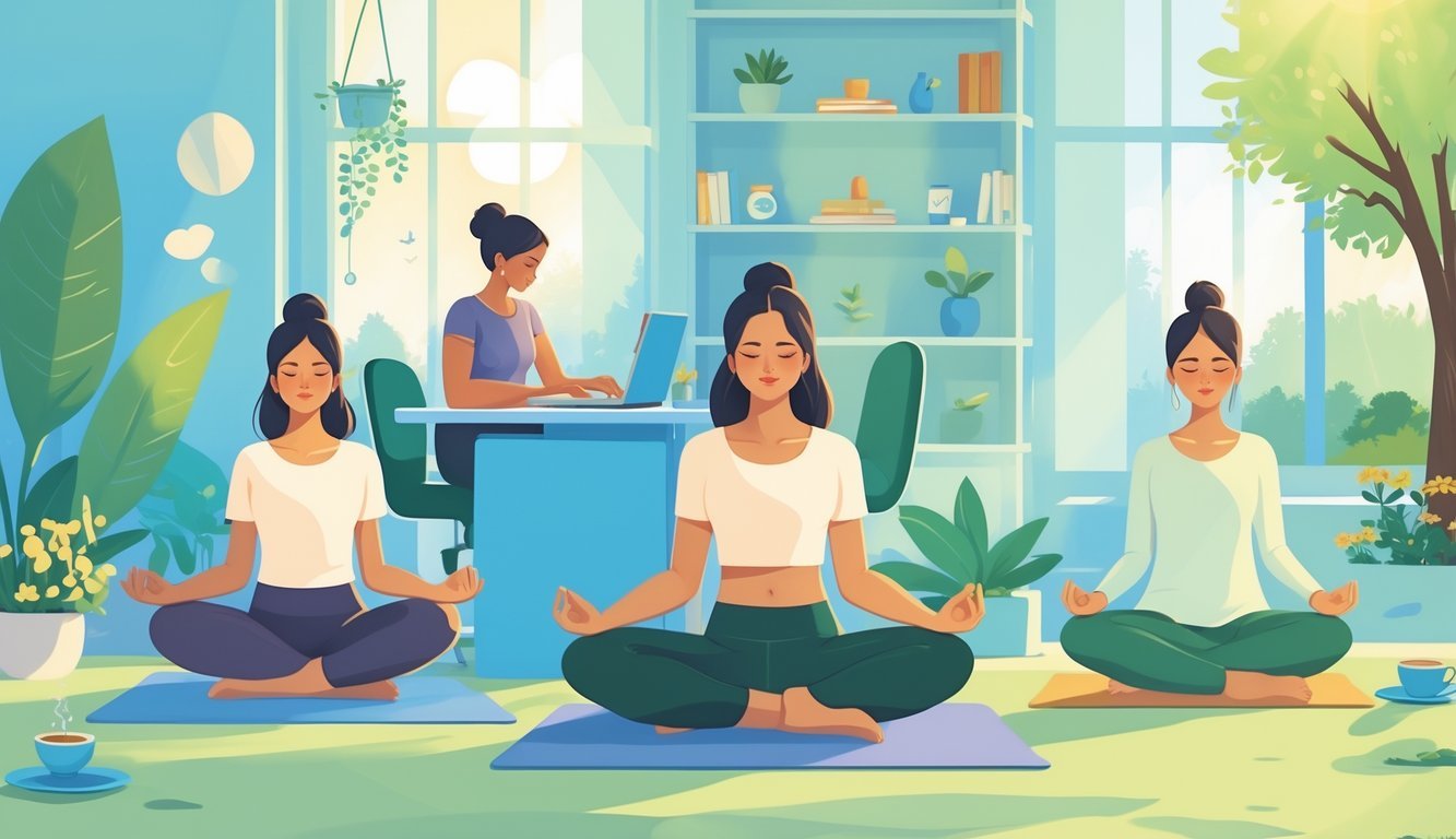 People practicing stress management techniques like deep breathing, journaling, meditating, and walking in a peaceful, natural environment.