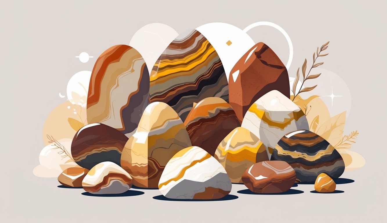 A collection of polished mookaite jasper stones in various shapes and colors displayed on a neutral background.