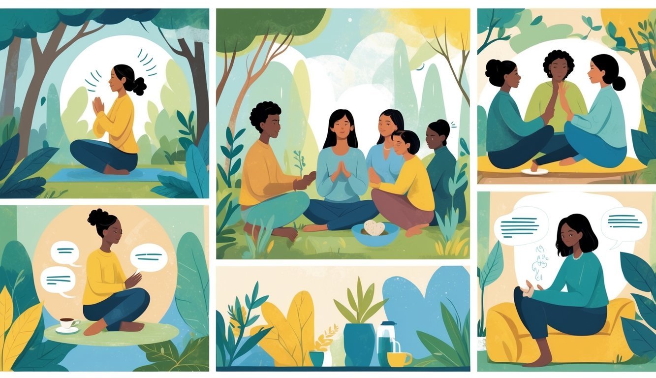Various people practicing stress management techniques including deep breathing outdoors, group support conversation, and journaling indoors.