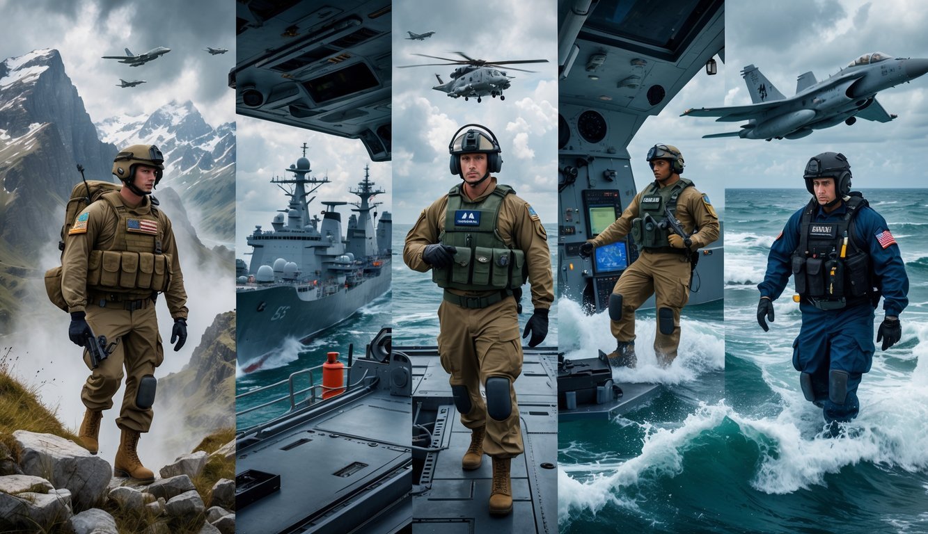 Five U.S. military service members from Army, Navy, Air Force, Marine Corps, and Coast Guard shown in their uniforms, each in environments representing their toughest challenges like mountains, sea, air, amphibious training, and coastal rescue.
