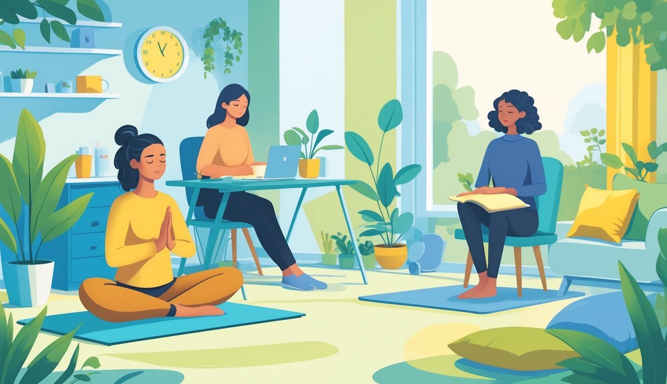 People practicing various stress management techniques including deep breathing, journaling, walking outdoors, and meditating in a calm and peaceful environment.