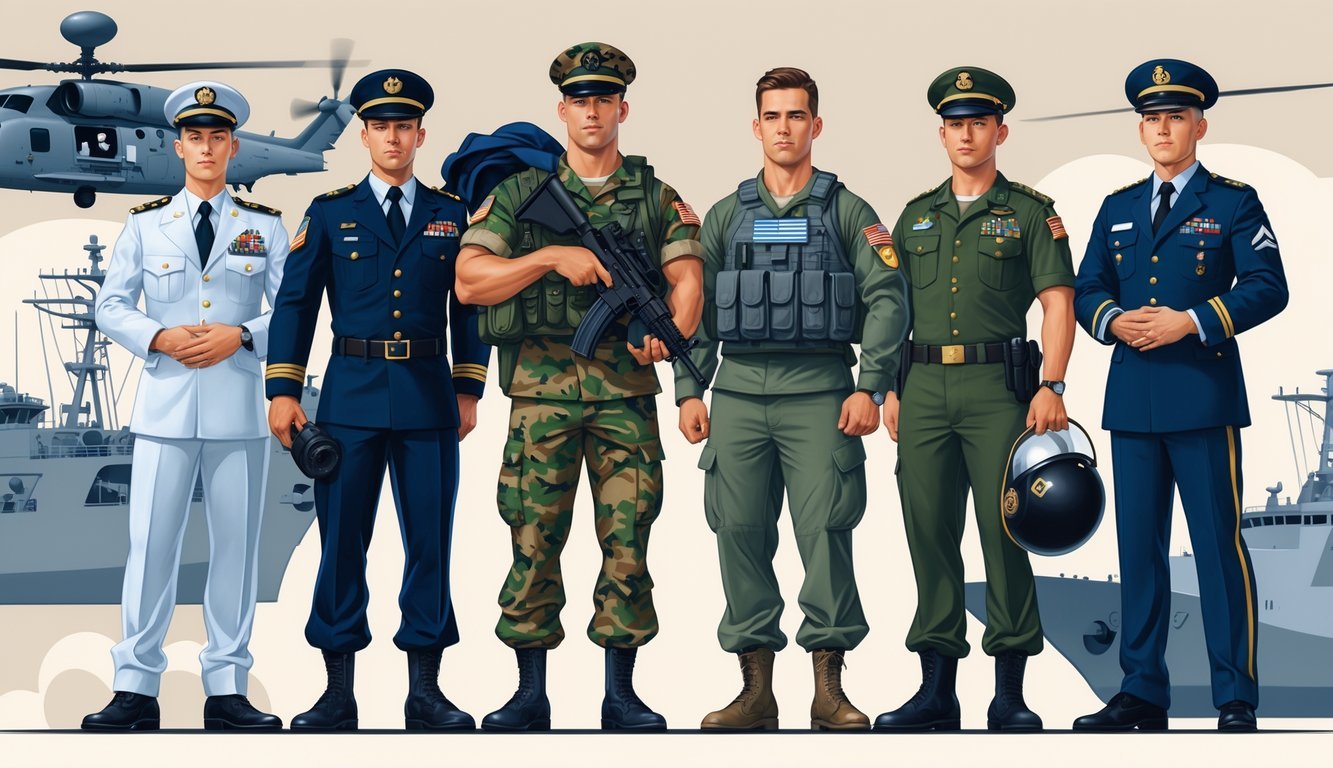 A group of military personnel from Navy, Army, Air Force, Marines, and Coast Guard standing together with their uniforms and gear, symbolizing different military branches.
