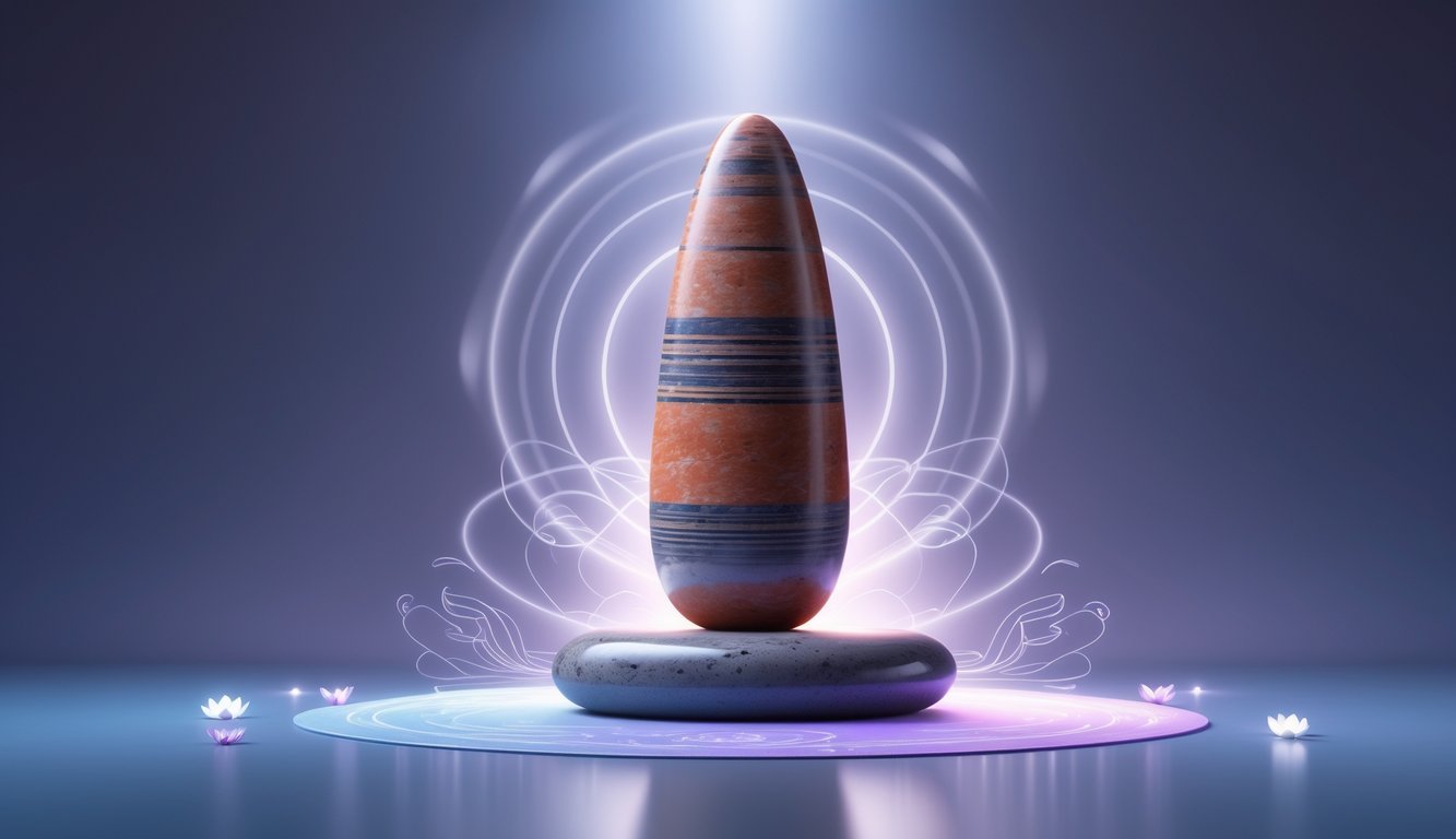 A polished Shiva Lingam stone with reddish and gray tones resting on a reflective surface, surrounded by glowing light and spiritual symbols against a calm blue and purple background.