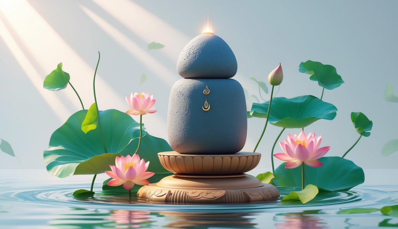 A Shiva Lingam stone on a yoni base surrounded by lotus flowers and green leaves with a calm, natural background.