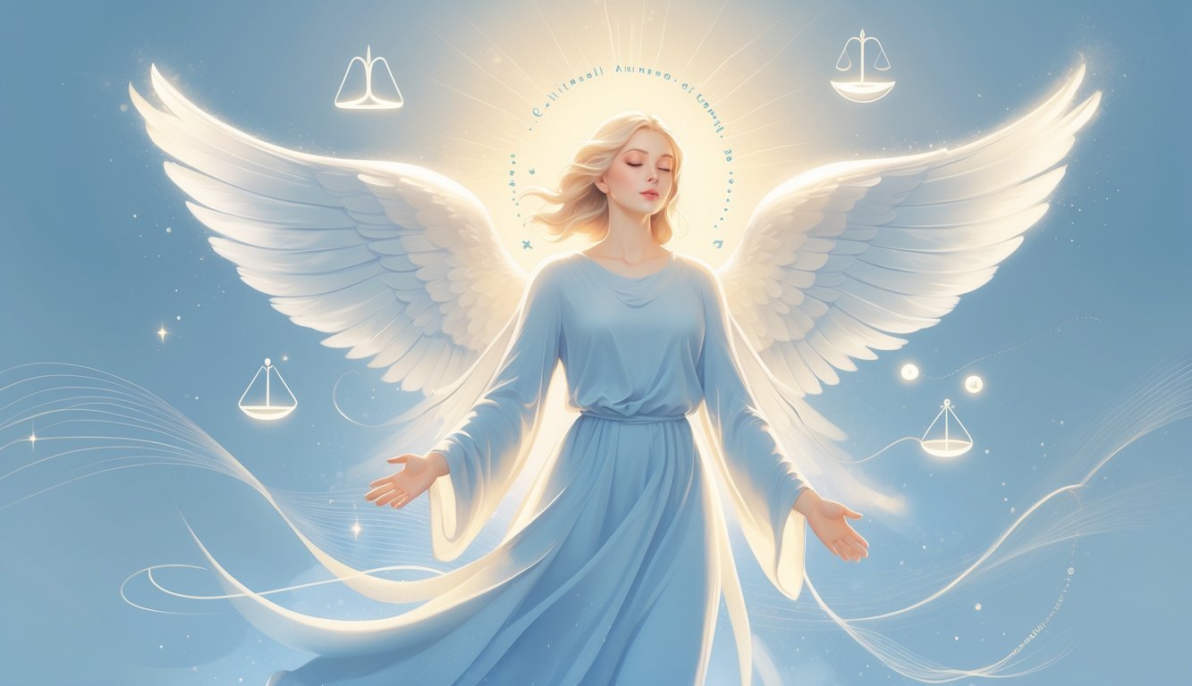 A glowing angel with outstretched wings surrounded by soft light and floating symbols representing balance and harmony.