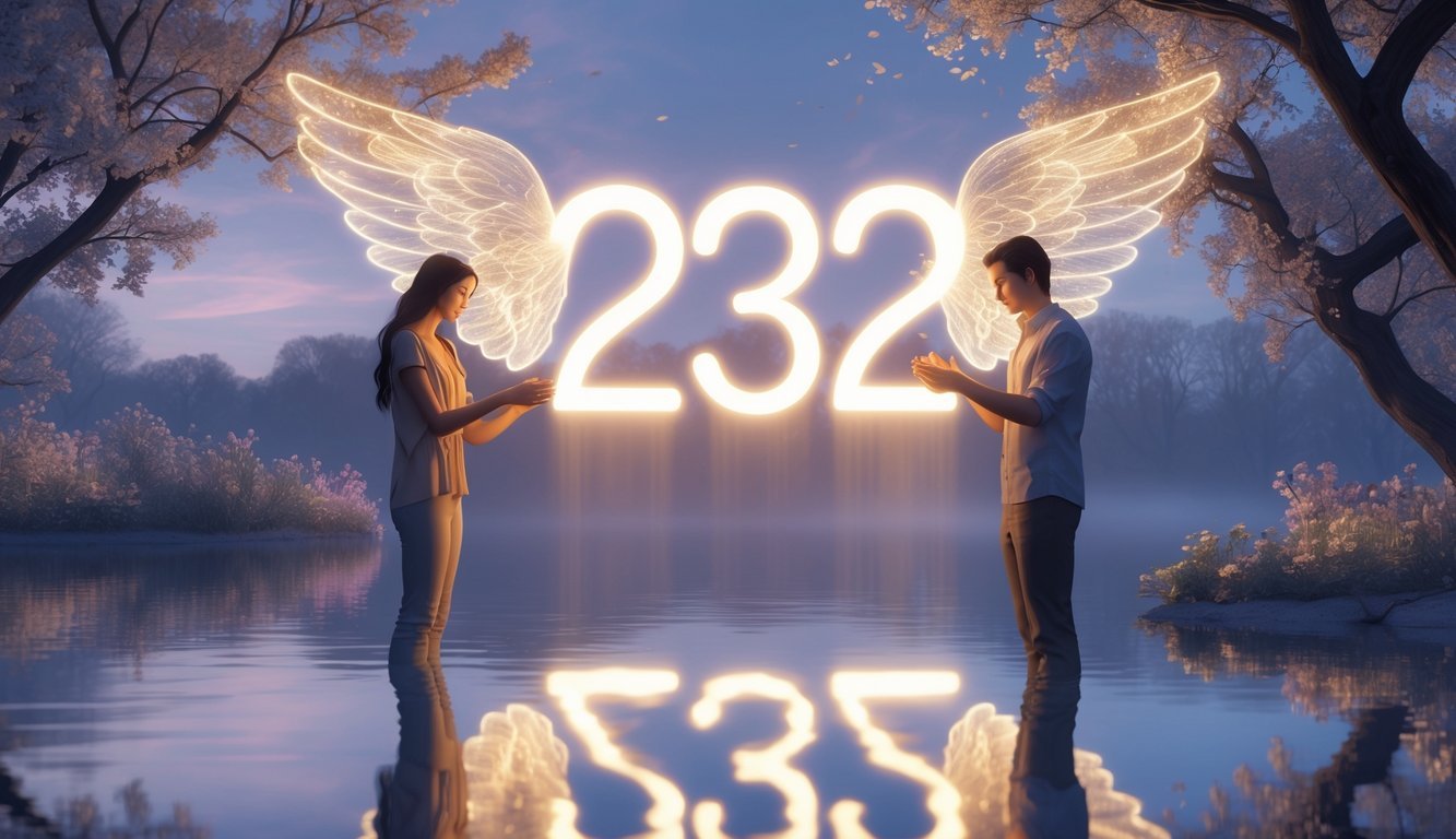Two people standing facing each other near a calm lake at twilight with a glowing number 232 floating above them, surrounded by soft light and natural scenery.