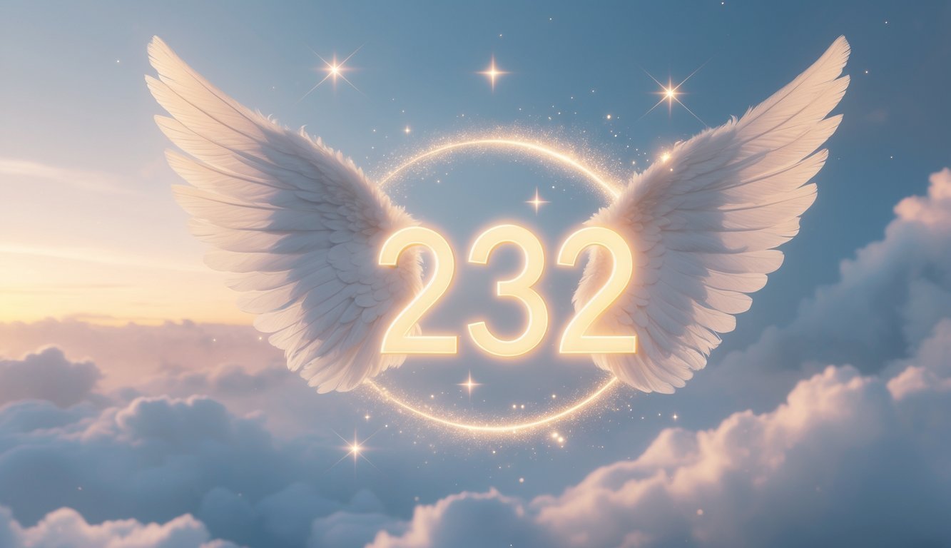 Glowing angel number 232 floating in a peaceful sky with soft clouds and angel wings surrounding it.