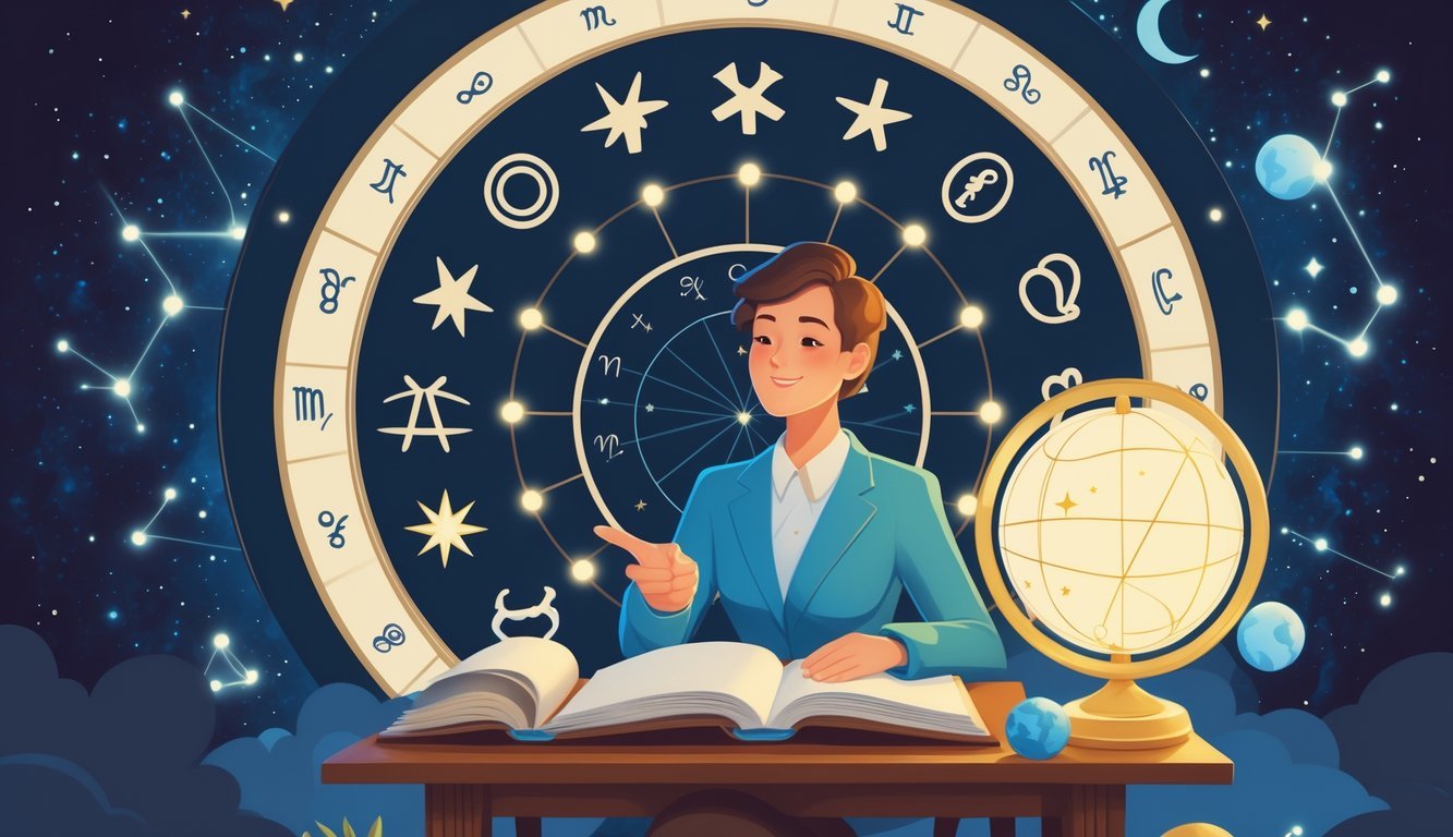 An astrologer at a desk with an open book and glowing zodiac symbols arranged in a circle, pointing to a star chart on the wall filled with constellations and planets.