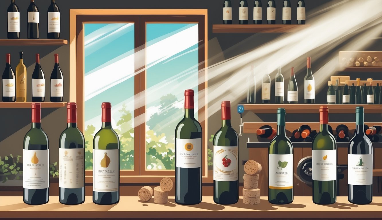 An illustration showing eight common mistakes in wine storage including upright bottles, sunlight exposure, heat sources, wrong temperature, dry corks, unstable stacking, vibrations, and humid conditions.