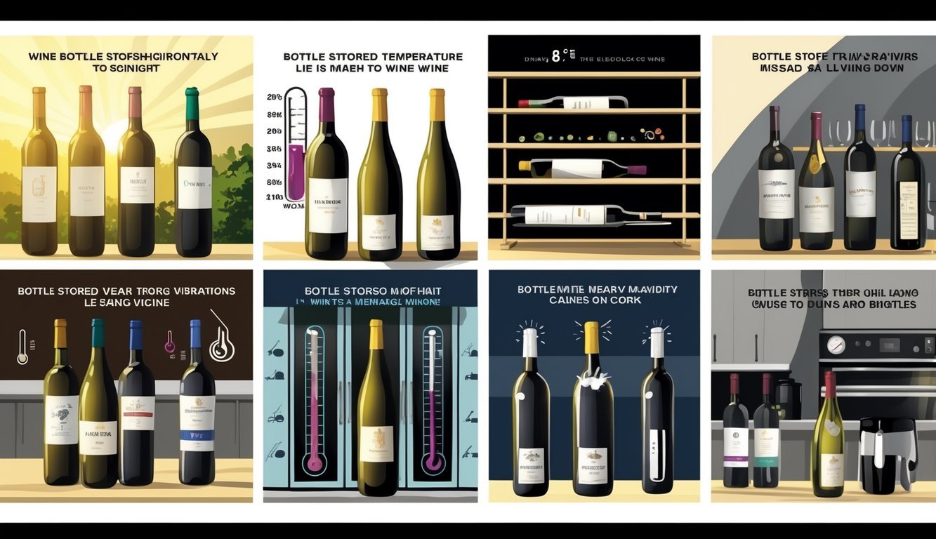 Illustration showing eight common mistakes in wine storage, including exposure to sunlight, wrong temperature, upright bottles, damaged corks, vibrations, humidity issues, warm environments, and dusty labels.