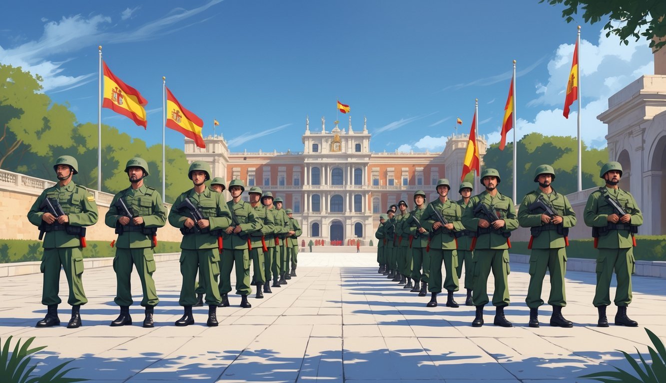 A group of Spanish soldiers standing in formation outdoors near a historic Spanish building with flags flying.