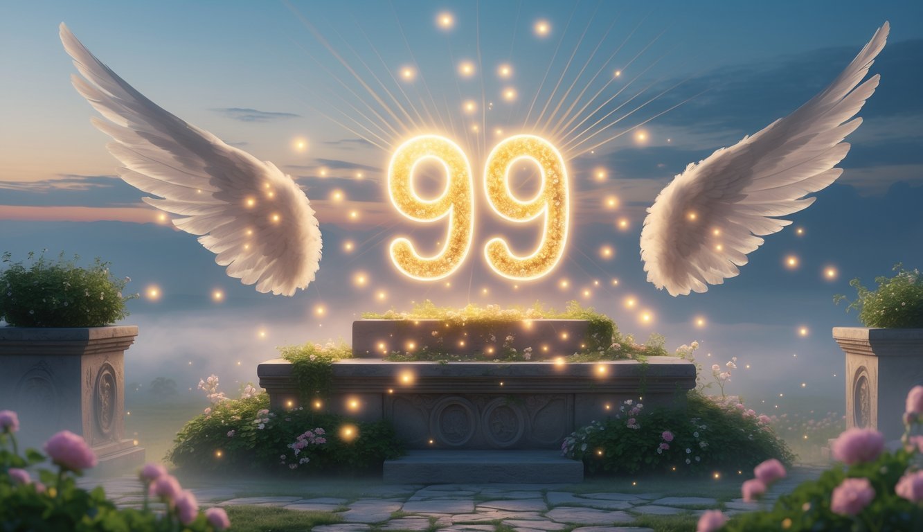 A glowing number 939 floating above a stone altar surrounded by flowers and greenery, with angelic wings and soft light beams in a peaceful outdoor setting at dawn.