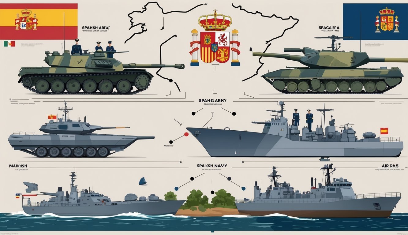 An illustration showing the main branches of the Spanish military with soldiers, ships, and aircraft arranged to represent the Army, Navy, and Air Force.