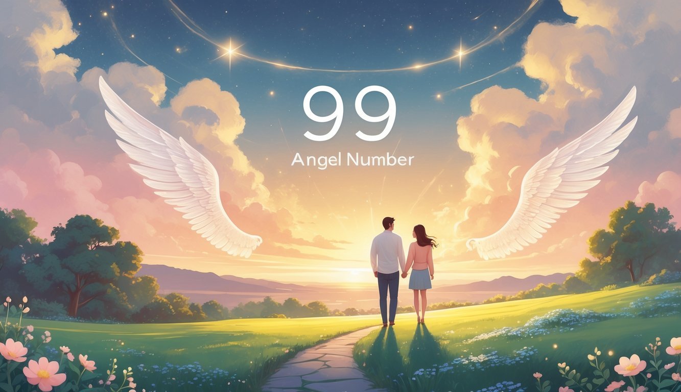 A couple holding hands looking towards a glowing horizon with a winding path and soft light orbs around them in a peaceful natural setting.