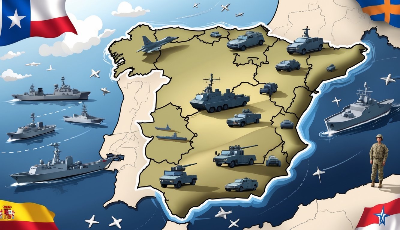 Illustration of Spain showing military bases along the coast and inland with naval ships, jets, and army vehicles, surrounded by flags representing alliances.