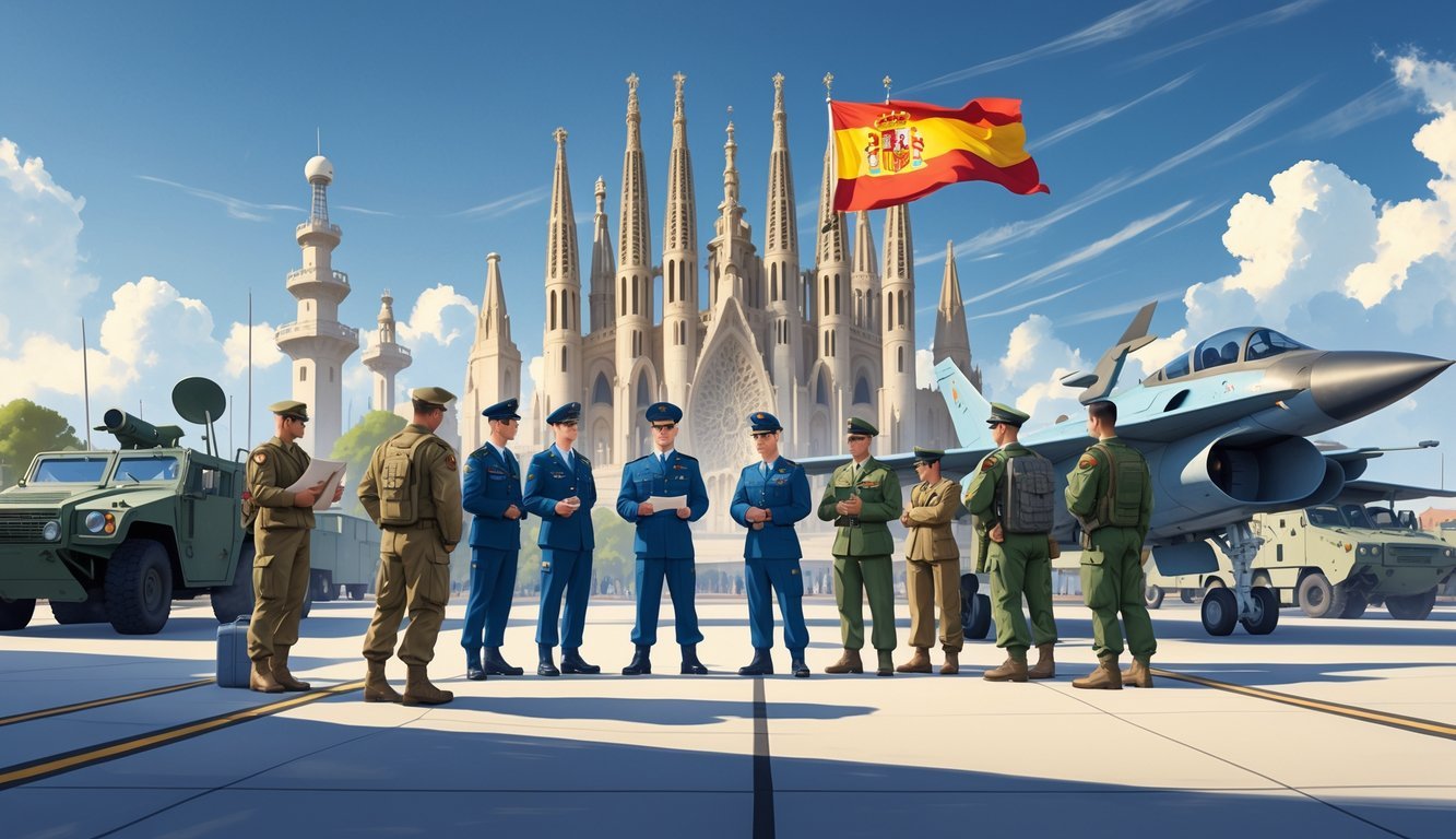 A group of Spanish military personnel in different uniforms standing together with Spanish landmarks and military equipment in the background.