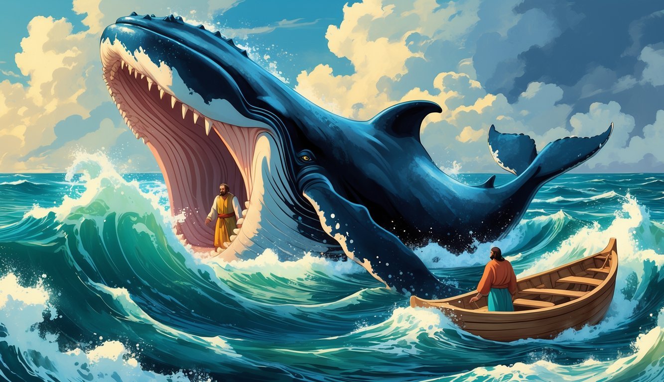 A man is being swallowed by a large whale emerging from the ocean, with a small boat and sailors watching nearby.