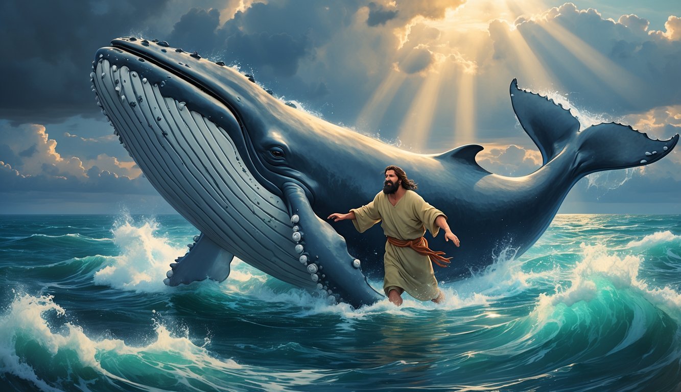 A large whale emerging from the ocean waves with a man being carried in its mouth beneath a dramatic sky.