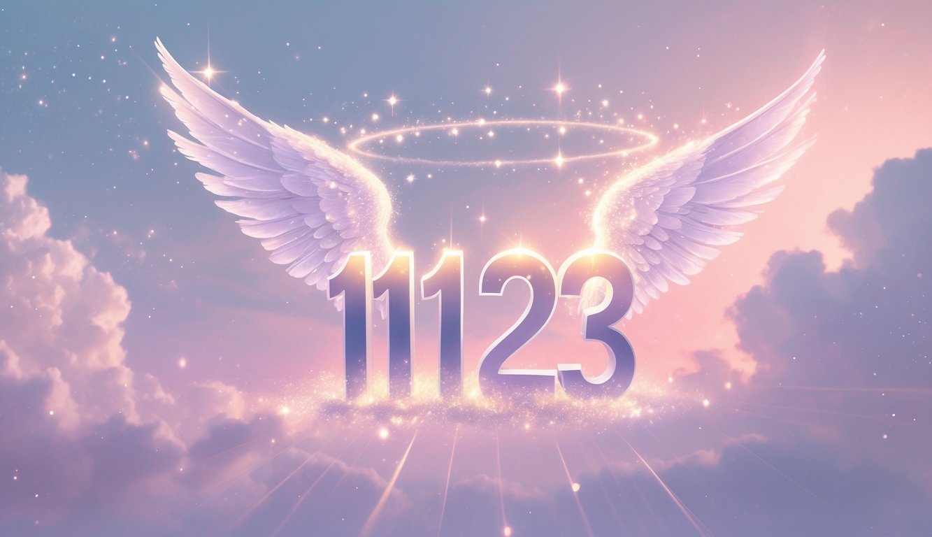 Glowing numbers 1123 surrounded by soft light beams and angelic wings floating in a pastel-colored dawn sky with clouds and stars.