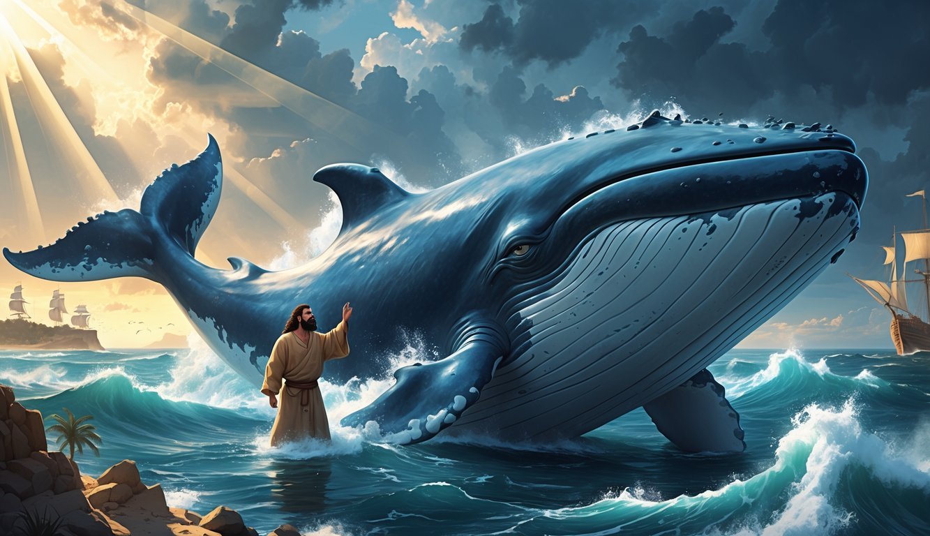 A man is being swallowed by a large whale emerging from the ocean under a dramatic sky.