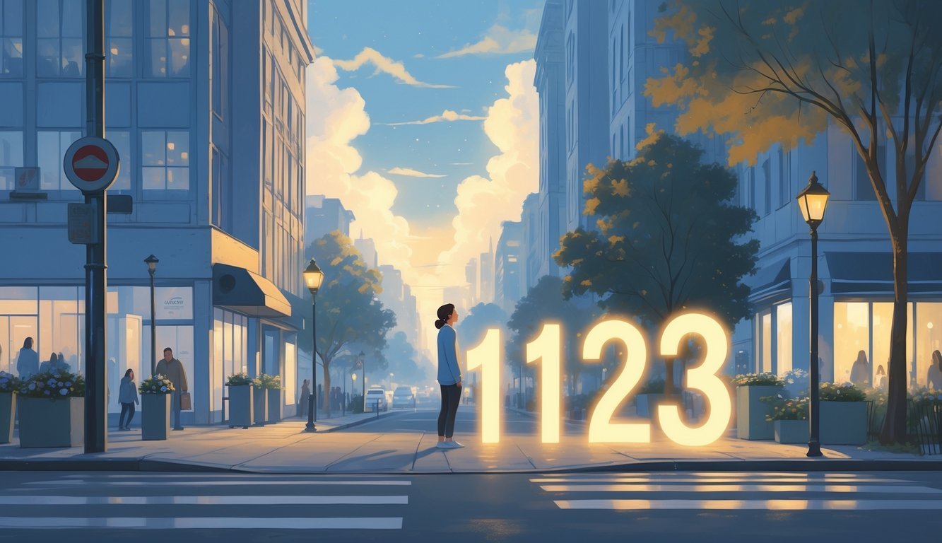 A person standing thoughtfully on a city street corner with glowing numbers 1123 subtly appearing in the sky and reflections around them.