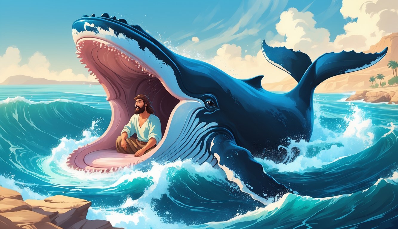 A large whale emerging from the ocean with a man near its open mouth, surrounded by waves and a distant shoreline.