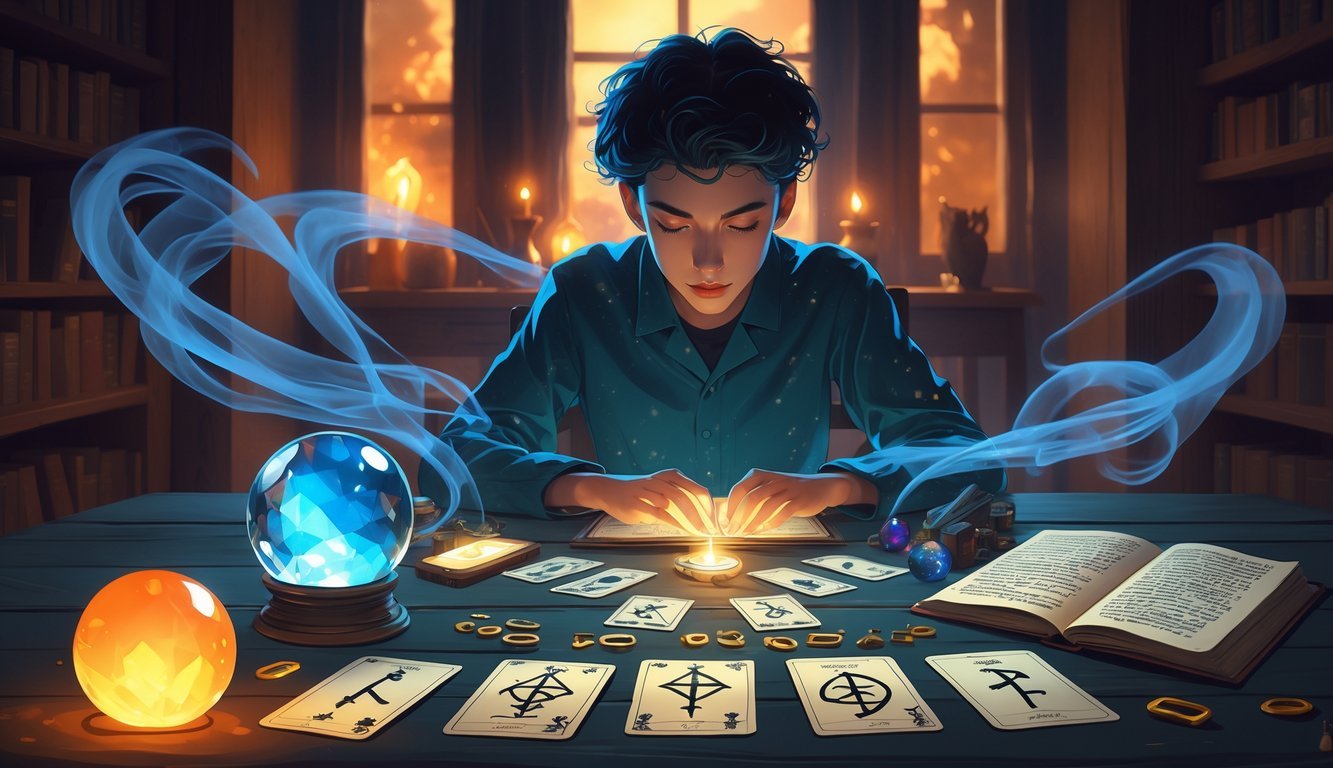 A person sitting at a table surrounded by tarot cards, a glowing crystal ball, runes, and an open ancient book, with soft light and swirling wisps around them.