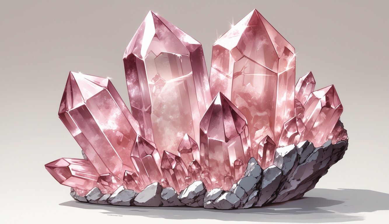 A cluster of raw rose quartz crystals with soft pink color and rough, jagged surfaces.
