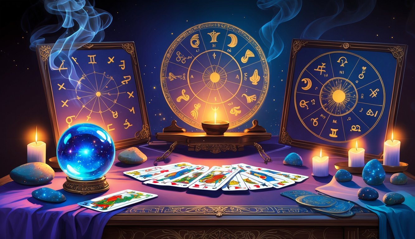 A mystical scene showing various divination tools including a crystal ball, tarot cards, runes, a pendulum, an astrological chart, and a scrying mirror arranged on a table with candles and incense.