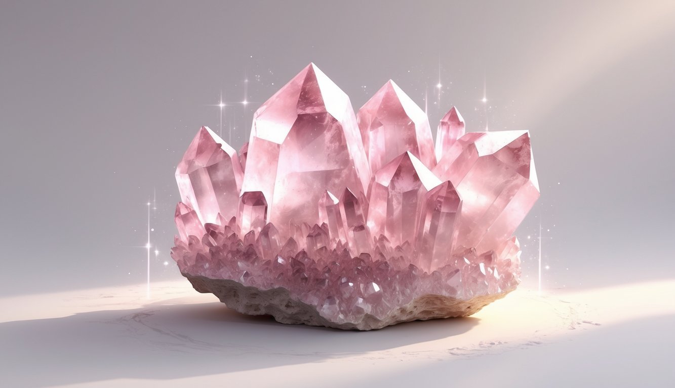 A raw cluster of pink rose quartz crystals with a soft glow on a plain background.