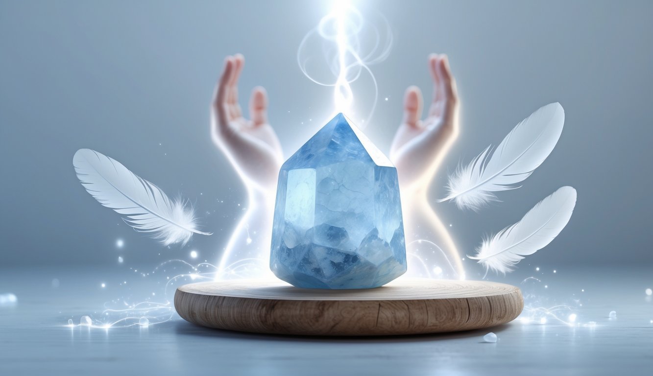 A pale blue angelite crystal on wood surrounded by soft glowing light, a meditating figure with a glowing throat area, and white feathers floating nearby.