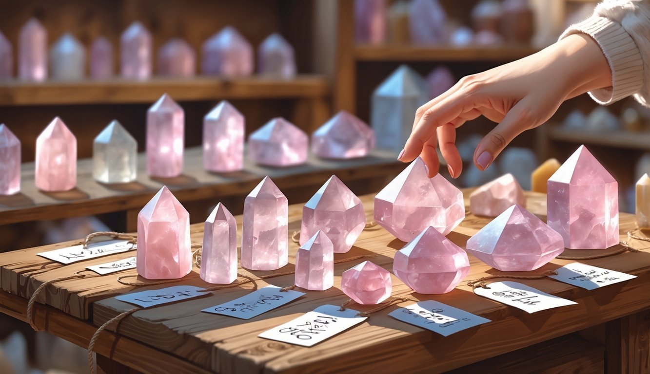 A market table displaying raw rose quartz crystals with a hand reaching to select one, surrounded by a cozy artisan market setting.