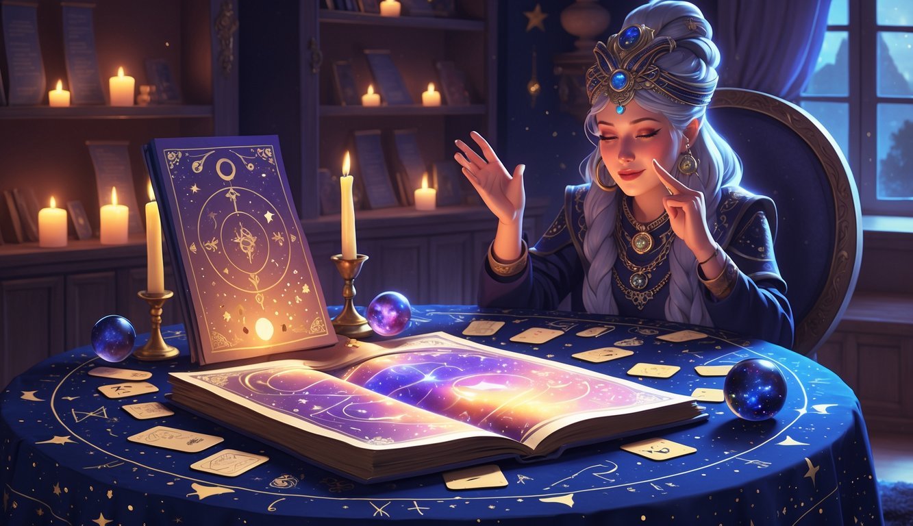 A fortune teller at a table with tarot cards, a crystal ball, and an open book surrounded by mystical symbols and artifacts.