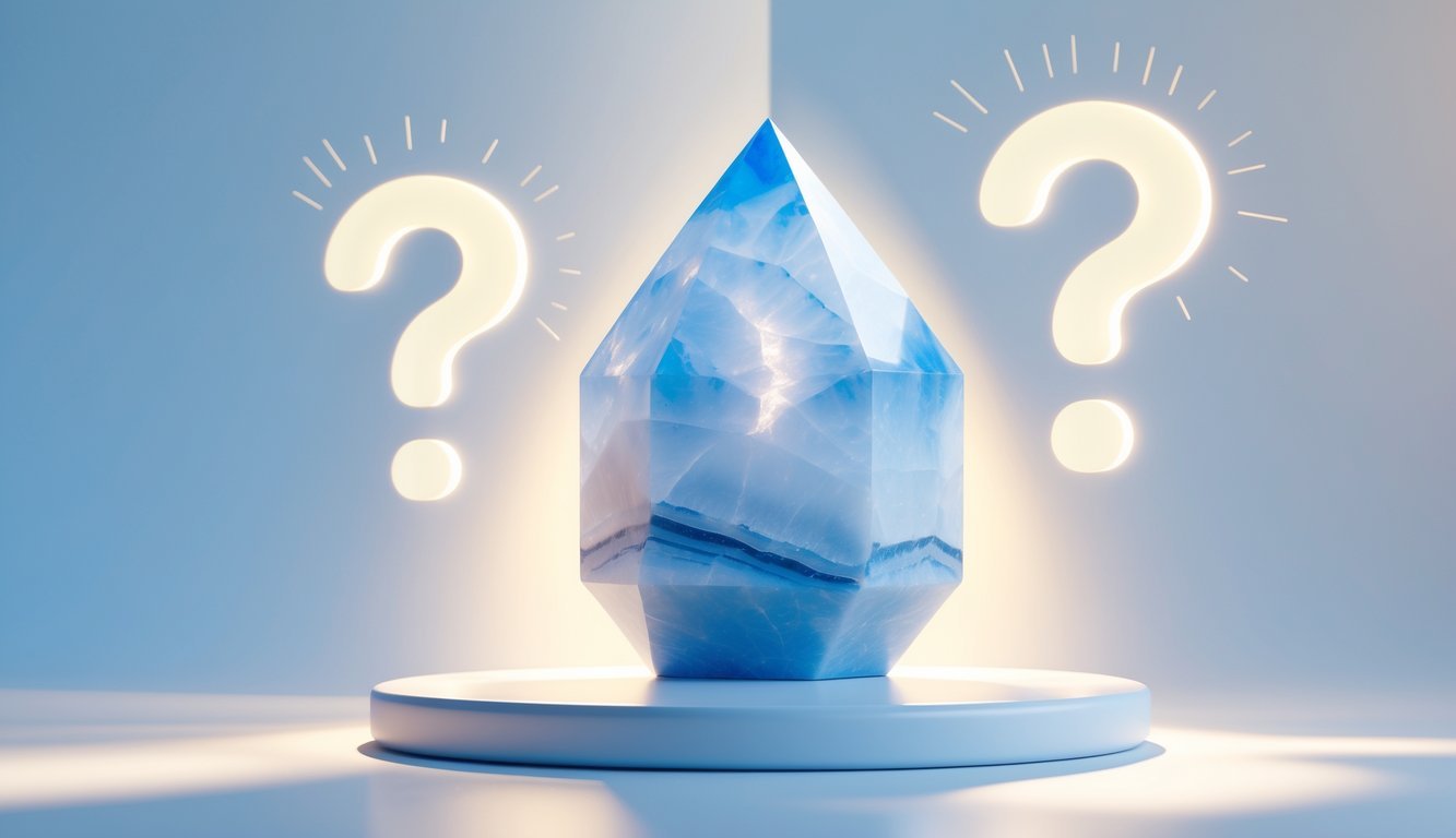 A light blue angelite crystal on a white surface with glowing question marks around it against a soft blue and white background.