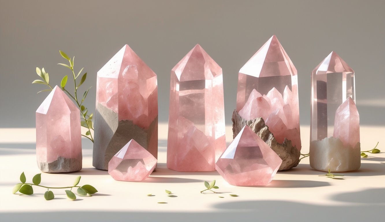 A collection of raw rose quartz crystals arranged on a soft background with small green leaves around them.